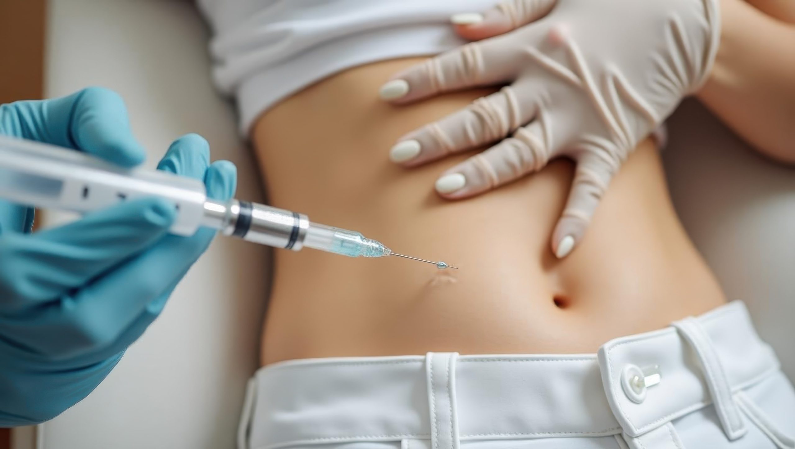 Fat dissolving injection. Woman is getting vacciator from nurse